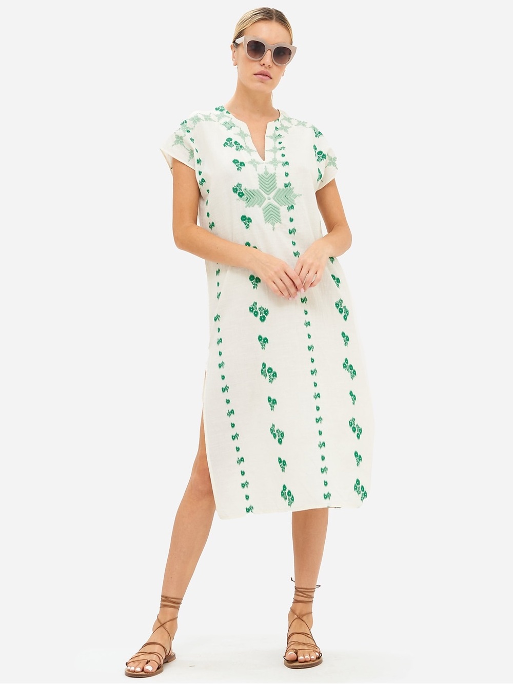 Oliphant Kaftan Midi Dress Green Embroidery Size L